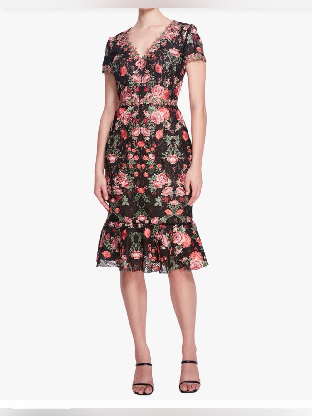 Marchesa Notte Embroidered Guipure V-neck Midi Cocktail Dress. Size 2